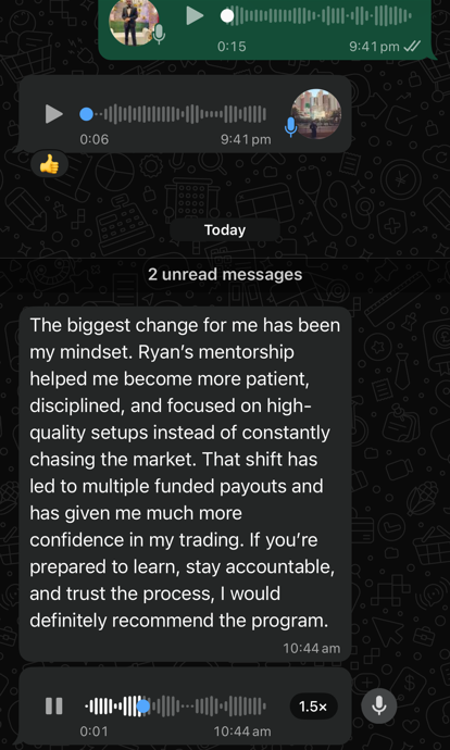 Anonymised WhatsApp feedback screenshot from Thinesh about educational progress