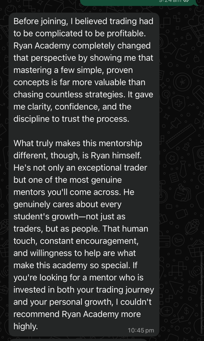 Anonymised WhatsApp feedback screenshot from Yuva about trading education
