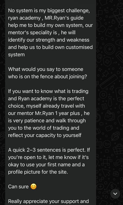Anonymised WhatsApp feedback screenshot from Kalai about trading profile awareness