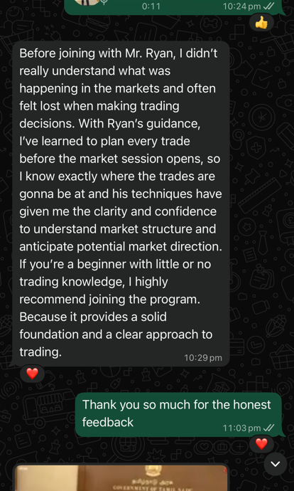 Anonymised WhatsApp feedback screenshot from Daniya about PipSchool experience